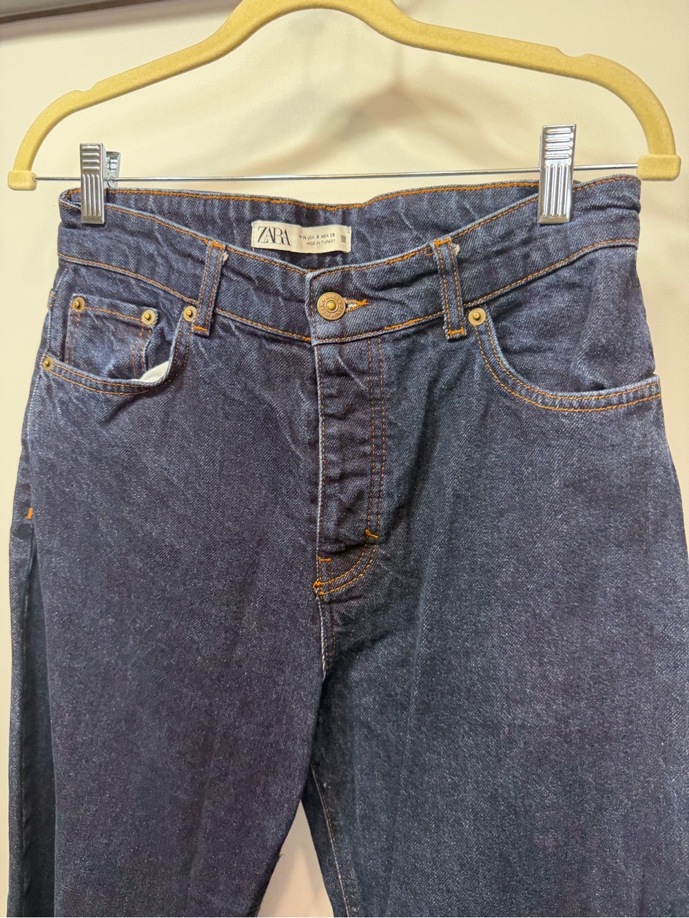 Zara High Rise Dark Wash 100% Cotton Raw Hem Straight Leg Jeans - Picture 3 of 13
